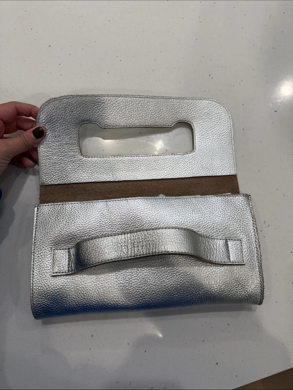 ABLE Mare Handle Clutch Purse Metallic Pebble Leather Silver
